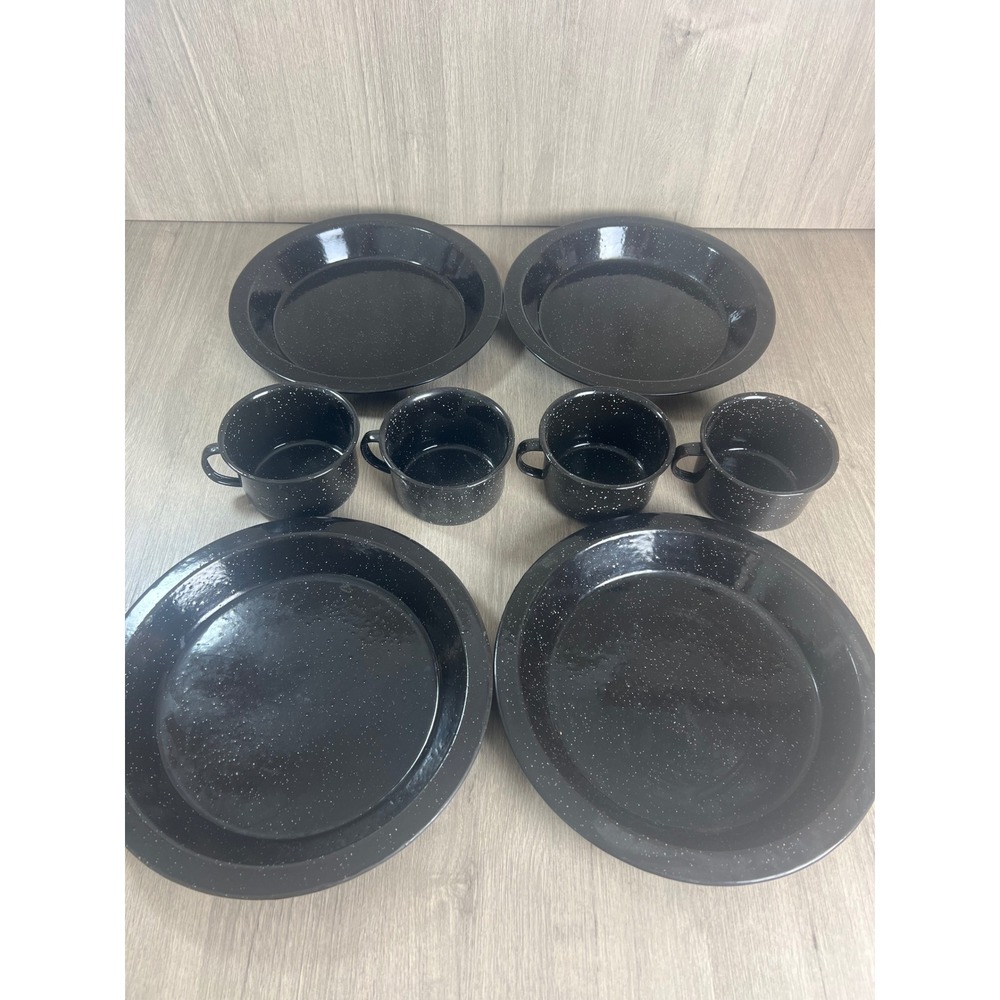 Vintage Black Speckled Enamelware 8 Piece Set 4 Plates 4 Mugs Camping Cabin